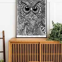 Owl Mandala Wall Art Print | Intricate Zentangle Black & White Drawing | A3 Owl Illustration | B