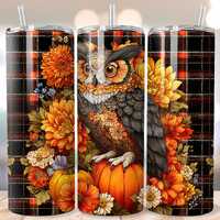 Fall Owl Tumbler Wrap PNG,Checkered,Floral Pumpkin 20oz Skinny Tumbler Sublimation Design,Retro Autu