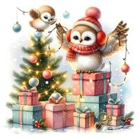 Christmas Owl Clipart, Set of 10 High Res Watercolor JPGs Winter Animals, Festive Art Gifts Tags, Ho