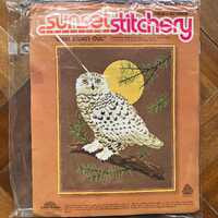 Vintage Crewel Kit: Snowy Owl, Full Moon, Woodland Decor (16x20" Design)