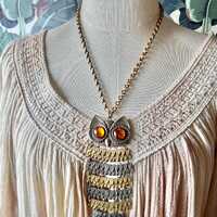 1960s 1970s Articulated Owl Necklace – Amber Eyes – Gold Silver Tone Pendant – Mod