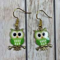 Earrings Green Owl Bird Gift for her Enamel charms Dangle Gold Plated Hooks Novelty Animal  Jeweller