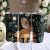 Owl Tumbler Wrap, Mushroom Tumbler PNG, Night Sky Sublimation Designs, Cottage Core Art, Woodland Tu