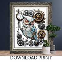 Digital Art Poster, Clockwork Owl Fantasy, Steampunk Animal Wall Art, Mechanical Gears and Timepiece