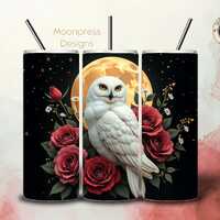 White Owl Floral Tumbler Wrap PNG, Owl Roses PNG, Owl Floral Sublimation, Gothic Skinny Tumbler, Whi