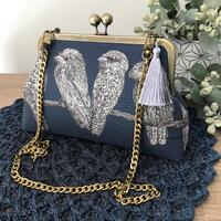 Clutch Purse/Bag , Unique Tawny Frogmouth Owls on Dusty Blue Cotton Fabric , Brass And Leather Strap