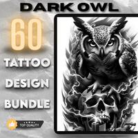 60 Dark Owl Tattoo Designs | Blackwork Gothic Animal Bundle (PNG)