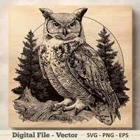 Owl Vector Illustration SVG – Line Art PNG EPS - Laser Engraving Sublimination Clipart –
