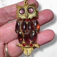 Vintage Articulated Purple prong set Rhinestone Owl Pendant Necklace