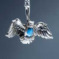 Silver Owl Pendant Necklace &ndash; Turquoise Blue Stone Jewelry &ndash; Bird Totem Necklace &ndash;