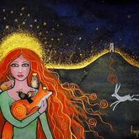The Goddess of Avalon,  Original Painting, Owl, Fox, Rabbit, Blackbird, Robin, Mystical,  Pagan