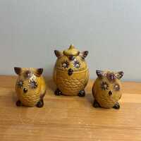 Vintage owl salt and pepper shakers and jar jam ceramic cuties googley eye- missing one eye