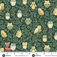 Twilight Owls Green Fabric, Hello Autumn, Makower UK, 100% Cotton, MU-099-G