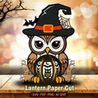 Cute Halloween Owl Lantern SVG, Witch Hat Owl Paper Cut Lightbox, Fall Owl Shadow Box, 3D Halloween 