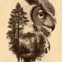 Owl Double Exposure PNG for Wood Engraving – Forest Animal Rustic Wall Art, Wildlife Digital D