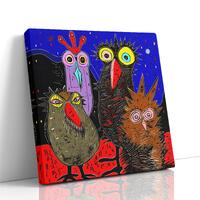 Colorful Owl Family Canvas Art &ndash; Quirky Birds Painting in Electric Blue & Red, Eclectic Fu