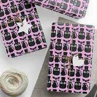 Black Cat Bat Owl Spider Halloween Wrapping Paper - Spooky Cute Feline Gift Wrap for Kids & Tric