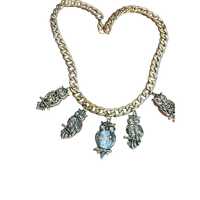 Cuban Link Gold Tone Necklace Owl Charms Clear Rhinestones Chunky Statement 18"