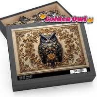 Regal Owl Puzzle - Scenic Gold and Black Floral Artwork with Retro Charm, Ships Worldwide with Free 