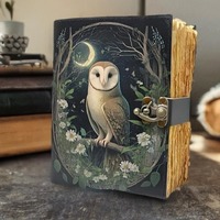 Large Leather Grimoire Journal: Owl Print, Celestial Book of Shadows