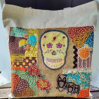 Colorful Upcycled Sugar Skull & Owl Patchwork Tote Bag – Hand-Stitched Textile Art Bag &nd
