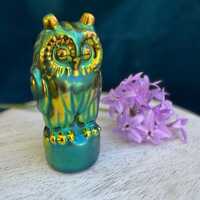 Vintage Zsolnay Hungary Owl, Hungarian Porcelain Figurine with Green iridescent Eosin Glaze
