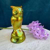 Vintage Zsolnay Owl, Hungarian Porcelain Figurine with Green iridescent Eosin Glaze