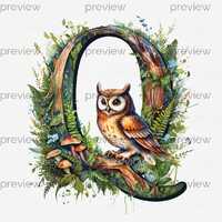 Q Whimsical Nature-Inspired Letter Q with Owl and Foliage in Vibrant Digital Art - Instant Download 