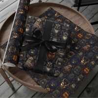 Gift Wrapping Paper Roll, Gothic Owl Faces Gift Wrap Papers, Black Brown Gray Pattern, Animal Lover 