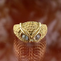 Handmade Brass Owl Ring, Adjustable Animal Spirit Jewelry, Unique Owl Face Ring with Gemstone Eyes, 