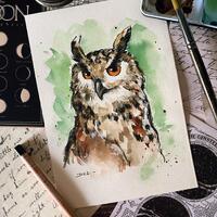 EAGLE OWL Original Watercolor | Handmade Bird Illustration A5 Size | Traditional Ornithological Art