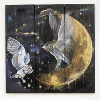 Original Acrylic Owls Triptych Painting on Canvas: Fantasy Art