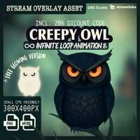 Twitch Overlay Animated Creepy horror owl Assets infinite loop animation halloween at night VTuber a