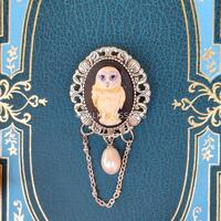 Convertible silver owl brooch with chain and natural pearl, hand painted victorian bird cameo brooch