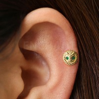 Emerald Owl Flatback Labret: 18G/16G Sterling Silver Tragus Conch Earring