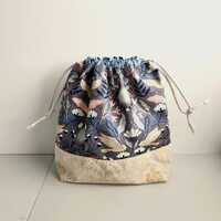 Drawstring Bag, Owl and Floral, Gray Gold Blue, Lined, Cotton, Medium