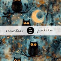 Halloween Owl Pattern - Seamless Cute Night Owls on Tree Branches, Autumn Moon Forest Design