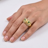 14K Gold Plated Owl Ring with Green & White Cubic Zirconia Stone Jewelry