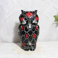 Vintage Carved Wood Owl, Hand Painted Floral Black With Red Roses