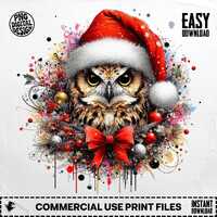 Christmas Owl Digital Print, Owl with Santa Hat, Holiday Animal Art, Festive Owl Image, Winter Decor