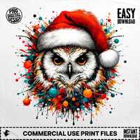 Christmas Owl Digital Art, Santa Hat Owl, Festive Owl Print, Watercolor Owl Art, Holiday Decor, Wint