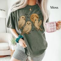 Whimsical Owl Moon Shirt | Vintage Style Nature Tee | Cute Owl Faces Graphic for Owl Lovers