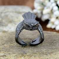 Oxidized Sterling Silver Owl Ring - Adjustable Bird Jewelry