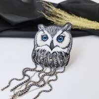 Embroidered Owl Brooch: Beaded Bird Jewelry with Crystals