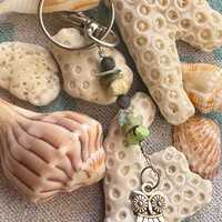 Silver Owl Charm with Green Natural Stones Keychain