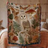 Barn Owl Bird Cottagecore Aesthetic Vintage Tapestry Woven Blanket, Retro Morris Inspired Plush Thro