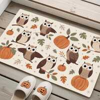 Neutral color rug, Owl pattern rug, Fall theme rug, Pumpkin design rug, Cute bedside rug, Doormat ru