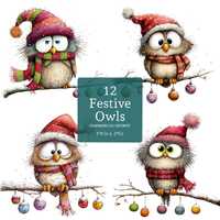 Quirky Christmas Owl Clipart, 12 High Quality Watercolour PNGs/JPGs Santa Hat Owl Clipart, Card Maki
