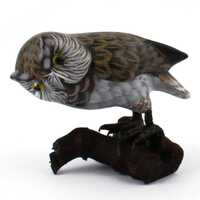 Hand Painted Ceramic Owl, Brown Red Bird Figurine, Wood Base Sculpture, Forest Animal Decor, Small V