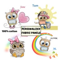 Owl fabric panel for baby quilt, Personalized baby fabric, Cute cotton fabric panel for babies